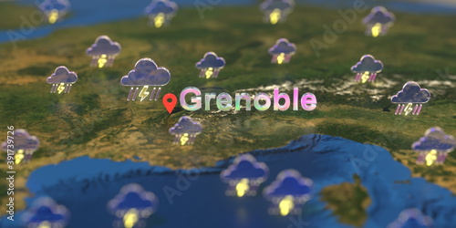Grenoble city and stormy weather icon on the map, weather forecast related 3D rendering