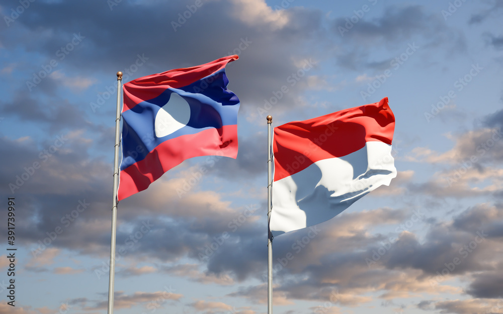 Beautiful national state flags of Laos and Indonesia. Beautiful national state flags of Laos and Indonesia.