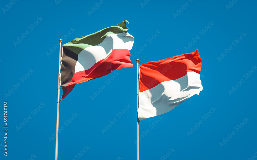 Beautiful national state flags of Kuwait and Indonesia.
