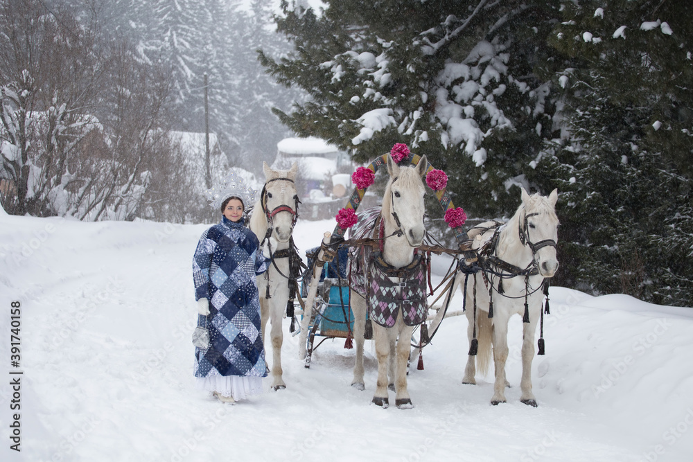Russian three horse sleigh (russian three horse carriage, russian horse