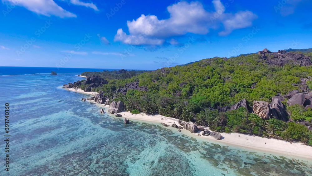 La Digue, Seychelles. Aerial view of coastline from drone perspective