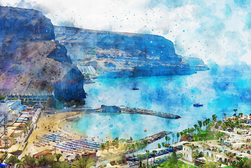 Painting of Puerto de Morgan at Gran Canaria Island. Spain.