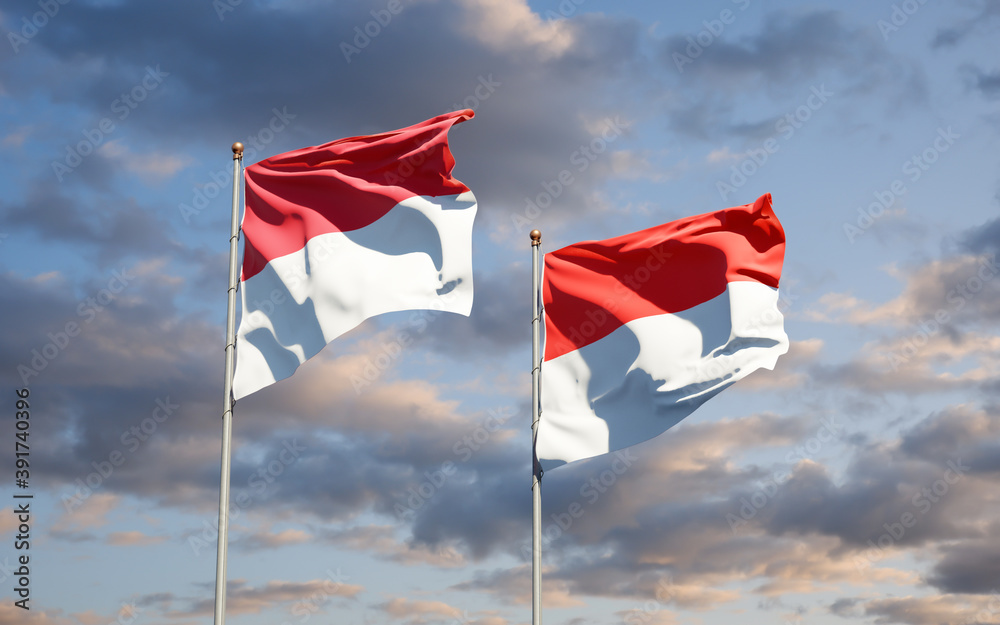 Beautiful national state flags of Monaco and Indonesia.