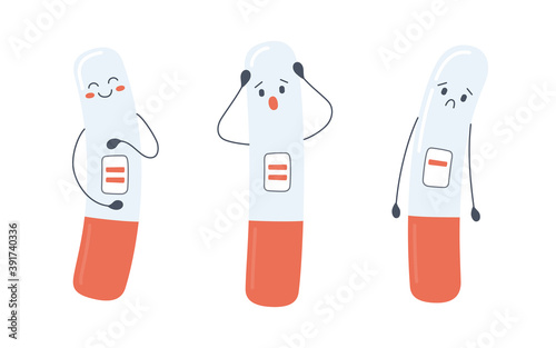 A set of pregnancy test characters with positive and negative results. Pregnancy planning and unexpected pregnancy. Vector illustration on white background