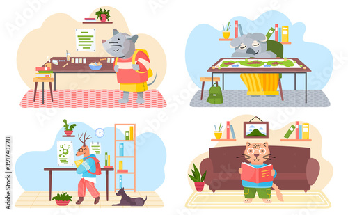 Animals in a classroom and at home. Collection of funny cartoon students. Back to school set. Characters of forest inhabitants get an education, studying with books, siting at a desk, reading
