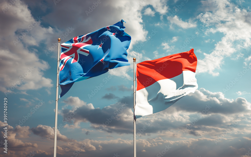 Beautiful national state flags of New Zealand and Indonesia. Beautiful national state flags of New Zealand and Indonesia.