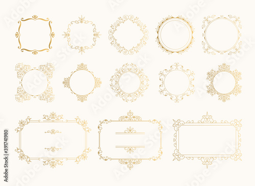 Set of golden fancy frames. Luxury elegant design. Vintage filigree borders. Vector isolated illustration.