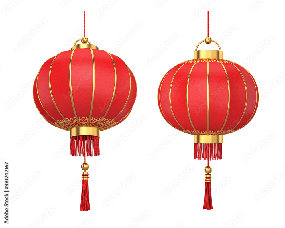 Red Chinese lantern with two sides on a white background, 3D render Red Chinese lantern with two sides on a white background, 3D render