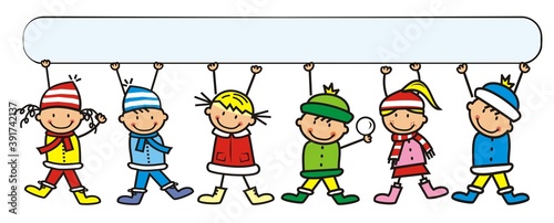 kids at winter dress with blank banner, conceptual vector illustration