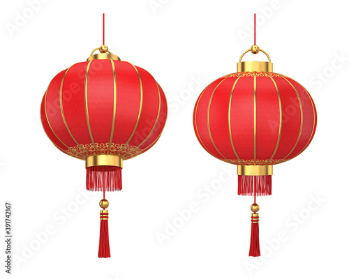 Red Chinese lantern with two sides on a white background, 3D render