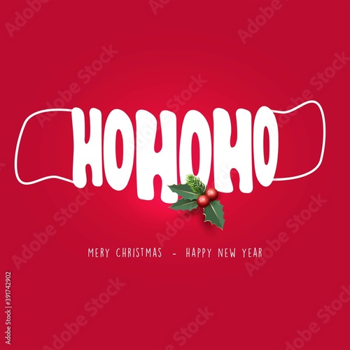 Merry Christmas and happy new year, 2021. Noel, banner, frame, header, background or greeting card design. Santa Claus in the year of Covid 19, protecting himself with a surgical mask.