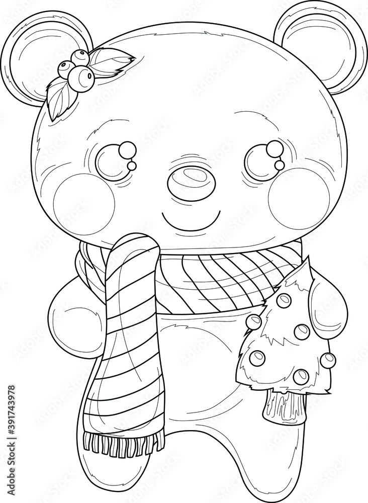 Fototapeta premium Cartoon cute Christmas bear with scarf, mistletoe and decorated tree sketch template. Winter vector illustration in black and white for games, background, pattern. Print for fabrics. Coloring paper