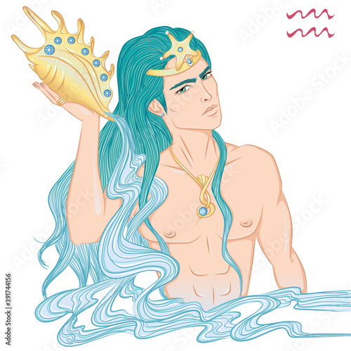 Zodiac. Vector illustration of the astrological sign of Aquarius as a beautiful man with a naked torso. Horoscope symbol, star sign isolated on white background. Print, posters