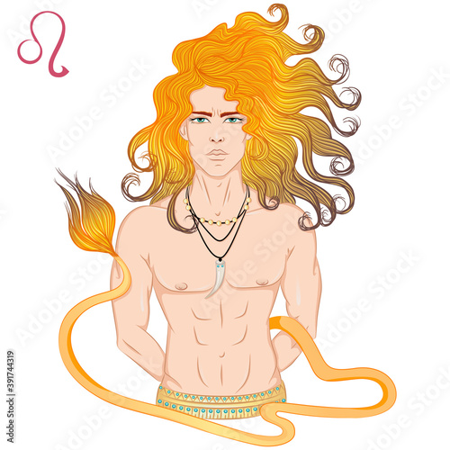 Zodiac. Vector illustration of the astrological sign of Leo as a beautiful man with a naked torso. Horoscope symbol, star sign isolated on white background. Print, posters