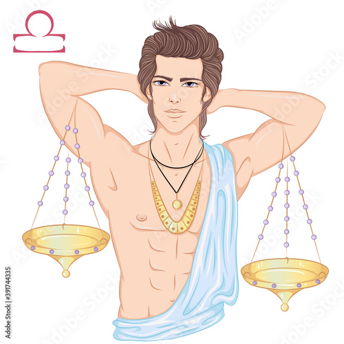 Zodiac. Vector illustration of the astrological sign of Libra as a beautiful man with a naked torso. Horoscope symbol, star sign isolated on white background. Print, posters
