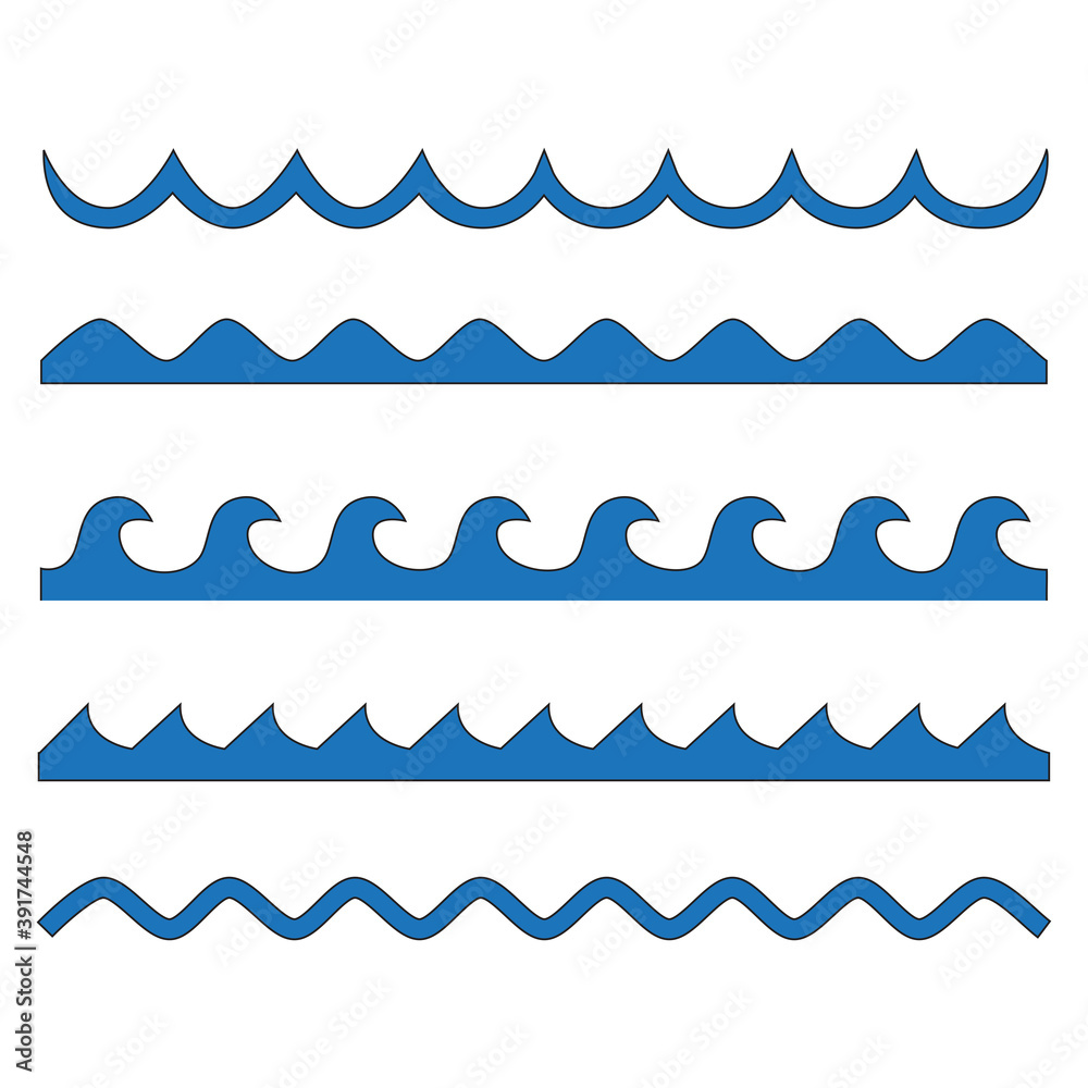 Water wave vector pattern set. Isolated on white background. Collection of water wave for web site, poster, placard and wallpaper. Creative art concept, vector illustration