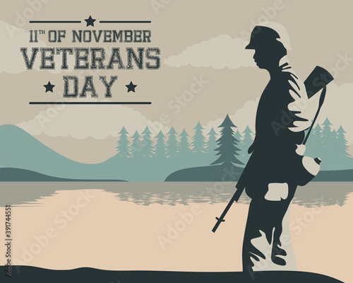 happy veterans day celebration card with soldier walking in lake scene