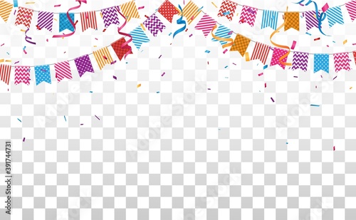 Birthday celebrations background with garland and colorful confetti