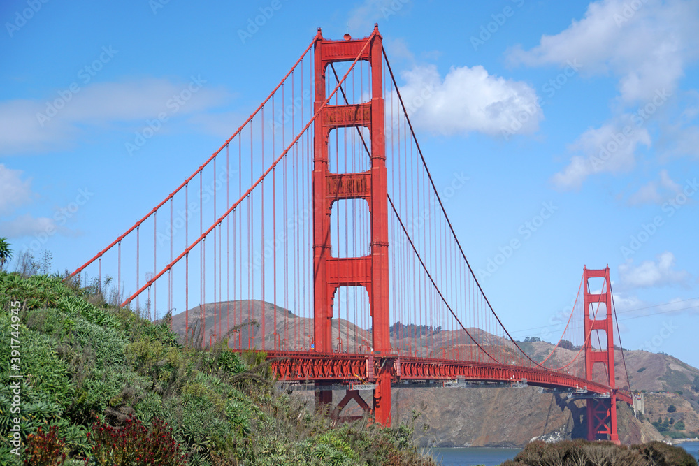 Fototapeta premium Landscape view of Golden Gate Bridge is Red Bridge in sunny day in San Francisco, California, United states , USA - Vintage style hot spot famous Landmark - Holiday Travel Concept