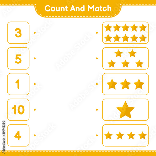 Count and match, count the number of Stars and match with right numbers. Educational children game, printable worksheet, vector illustration