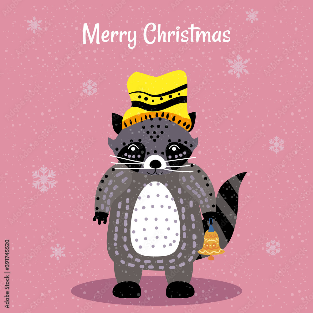 Merry Christmas Cute Raccoon with hat and toy card. Hand drawn character illustration vector isolated poster Merry Christmas Cute Raccoon with hat and toy card. Hand drawn character illustration vector isolated poster