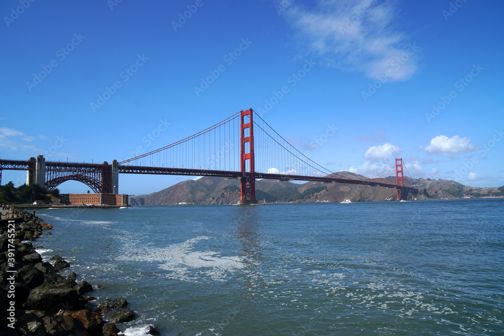 Fototapeta premium Landscape view of Golden Gate Bridge is Red Bridge in sunny day in San Francisco, California, United states , USA - Vintage style hot spot famous Landmark - Holiday Travel Concept