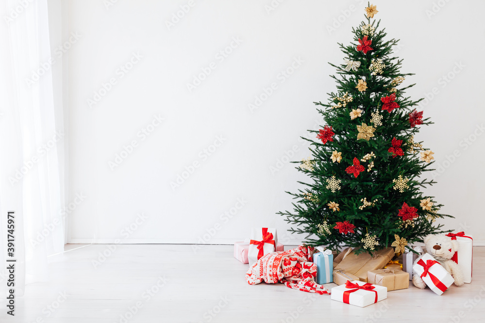 Christmas tree pine with decorations and gifts new year December