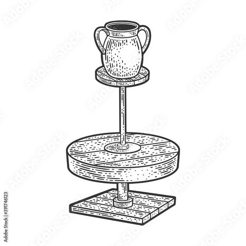 potter wheel with pot sketch engraving vector illustration. T-shirt apparel print design. Scratch board imitation. Black and white hand drawn image.