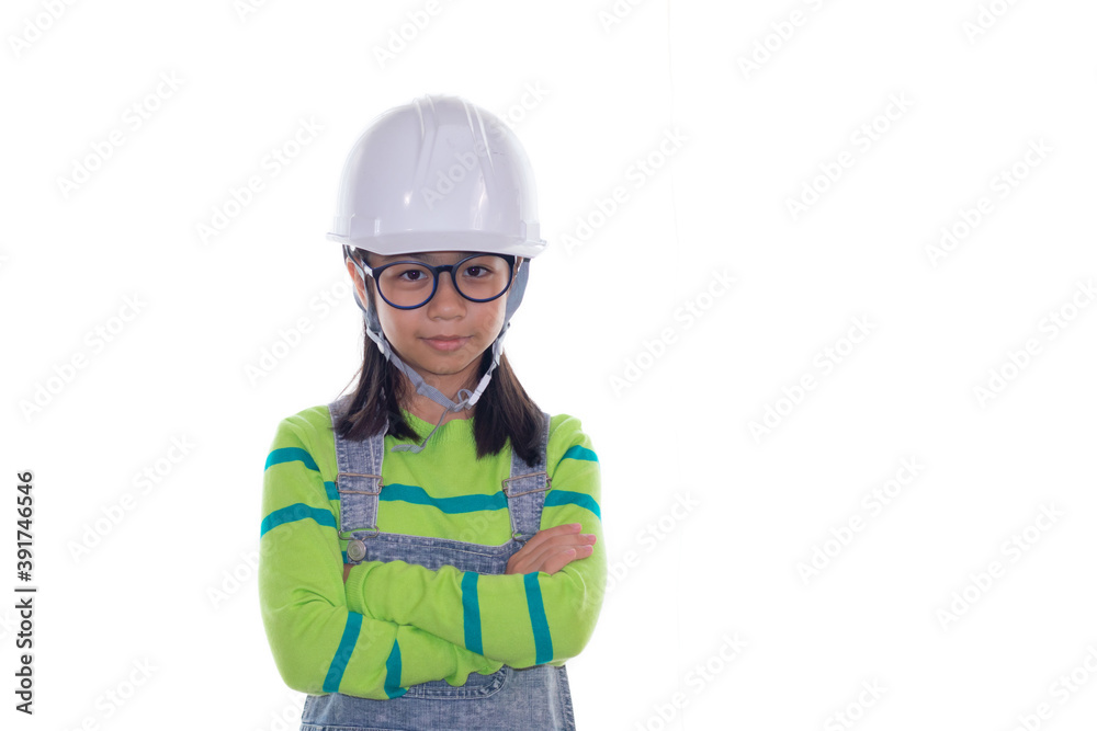 Adorable Asian girl acting in studio with construction helmet, girl with green color sweater dream to be engineer, happy girl action on white background with blueprint paper and safety white hat Adorable Asian girl acting in studio with construction helmet, girl with green color sweater dream to be engineer, happy girl action on white background with blueprint paper and safety white hat
