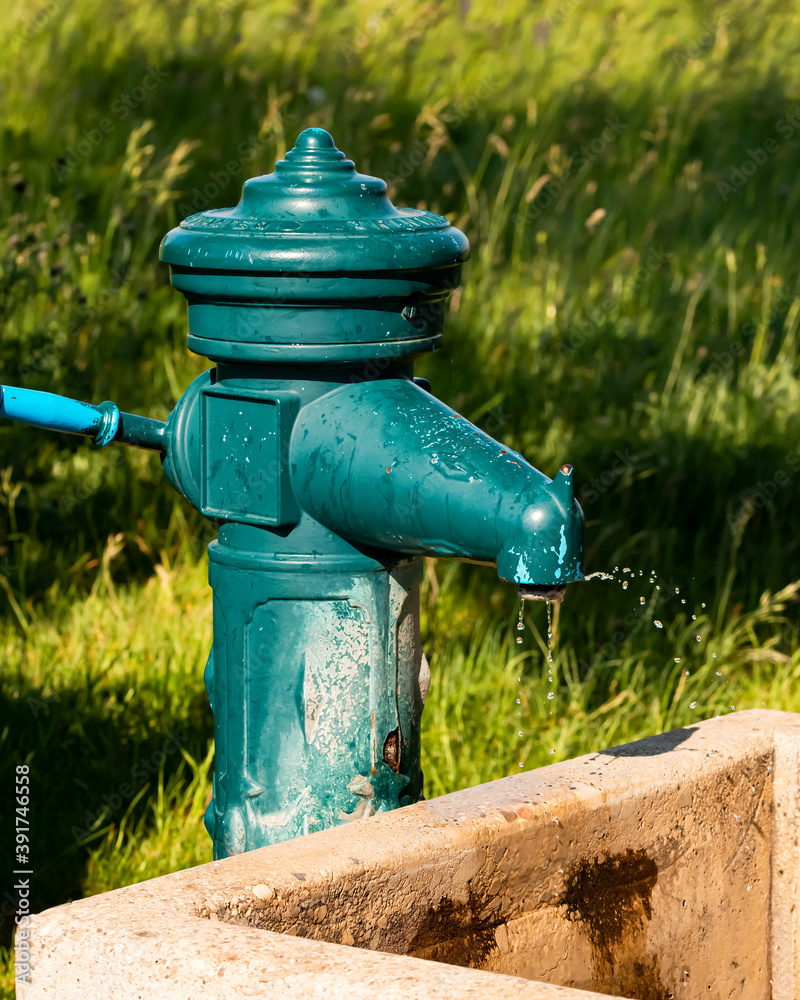 Tropfender Hydrant auf der Wiese