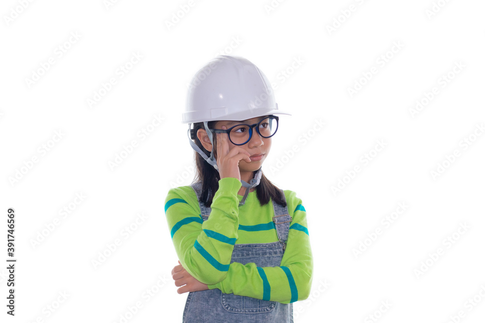 Adorable Asian girl acting in studio with construction helmet, girl with green color sweater dream to be engineer, happy girl action on white background with blueprint paper and safety white hat Adorable Asian girl acting in studio with construction helmet, girl with green color sweater dream to be engineer, happy girl action on white background with blueprint paper and safety white hat
