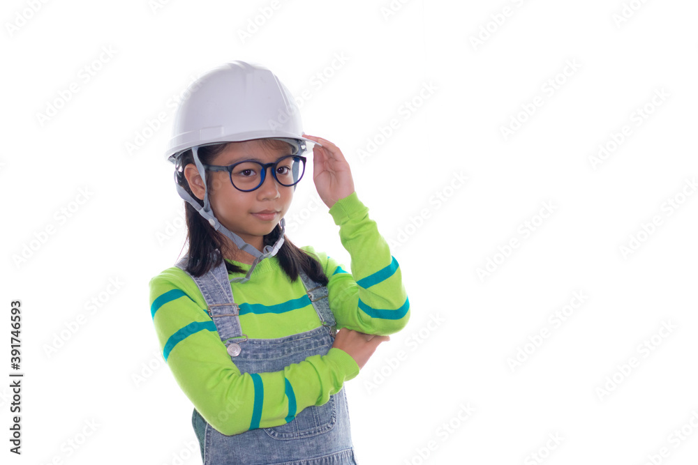 Adorable Asian girl acting in studio with construction helmet, girl with green color sweater dream to be engineer, happy girl action on white background with blueprint paper and safety white hat Adorable Asian girl acting in studio with construction helmet, girl with green color sweater dream to be engineer, happy girl action on white background with blueprint paper and safety white hat