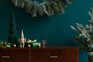 Christmas composition with decoration, christmas tree, gifts and accessories in cozy home decor. Copy space. Template.
