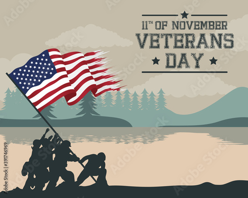 happy veterans day celebration card with soldiers lifting usa flag in lake scene
