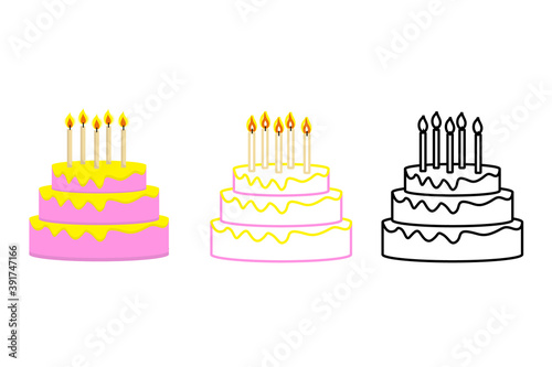 Vector set of cake. Cake in cartoon style, black line and color line. Cute vector illustration