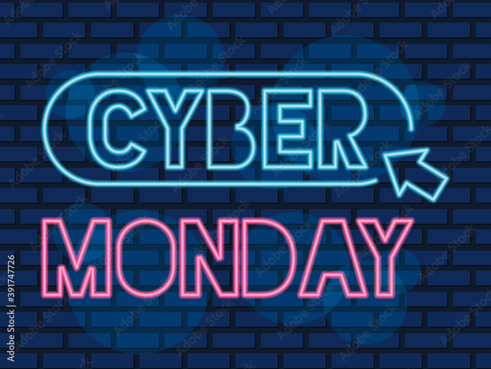 cyber monday neon label with mouse arrow in blue wall