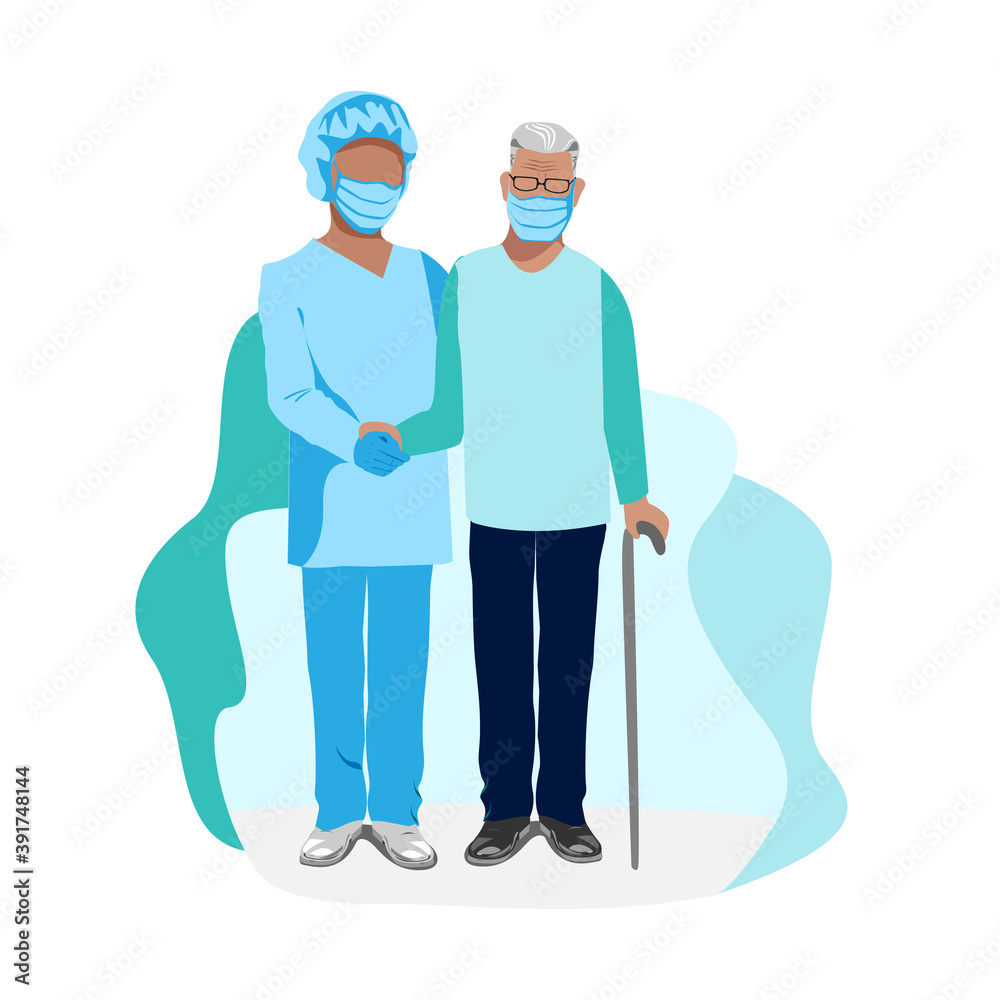 A nurse takes care of the elderly. Medicine. Thanks to the nurses. Vector illustration template. A nurse takes care of the elderly. Medicine. Thanks to the nurses. Vector illustration template.