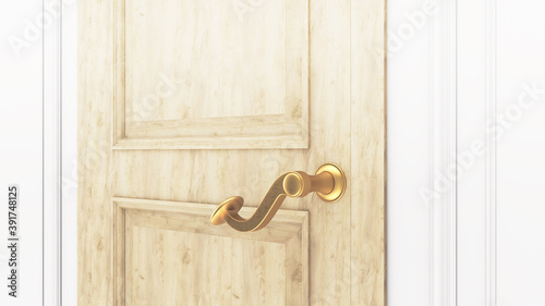 Classic door and doorknob close-up. White wall with stucco. 3d render