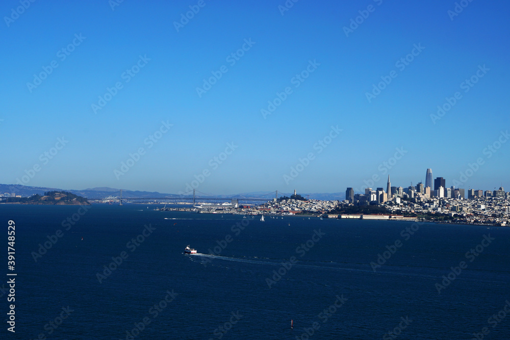 Cityscape of San Francisco downtown and blue pacific ocean on sunny day , California, United states , USA - seen from fort baker , travel and sightseeing concept 
