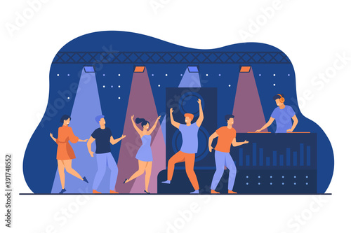 Happy young people dancing in club isolated flat vector illustration. Cartoon characters enjoying dance at disco night party. DJ scene performance and entertainment concept