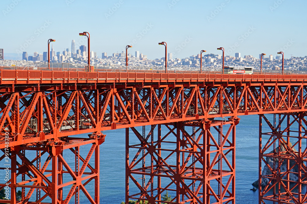 Famous Landmark red Golden Gate Bridge with San francisco city behide infrastructure of San Francisco, California, United states , USA - seen from Battery Spencer Famous Landmark red Golden Gate Bridge with San francisco city behide infrastructure of San Francisco, California, United states , USA - seen from Battery Spencer