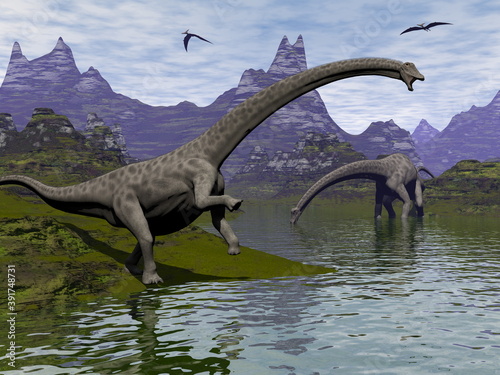 Diplodocus dinosaurs walking in a landscape by day - 3D render