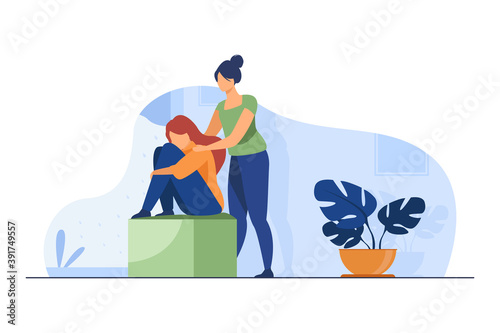 Woman comforting depressed friend. Giving support to upset mate flat vector illustration. Friendship, depression, help concept for banner, website design or landing web page