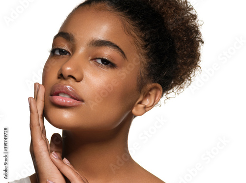 Beautiful african american woman healthy skin face natural make up portrait