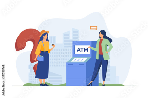 Bank worker helping customers to use ATM. Girl with credit card having question flat vector illustration. Finance, service, consultation concept for banner, website design or landing web page