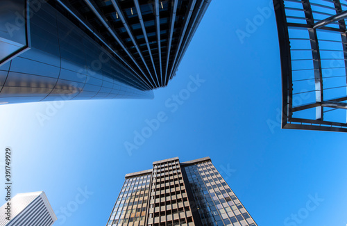 view  playing with the perspective of several office skyscrapers  AZCA business and financial district in Madrid  Spain.