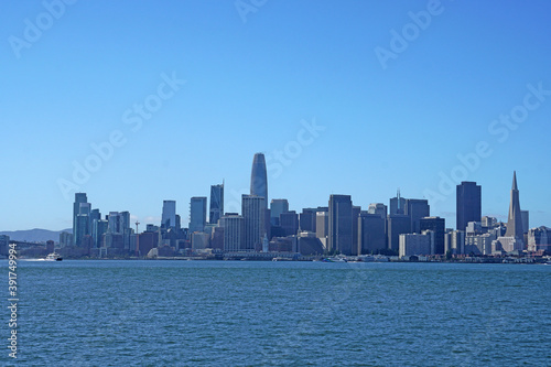 San Francisco Downtown with Finance Business Building Tower view from Treasure Island at San Francisco  California  USA - Sunny sky day
