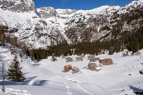 Mountain hut covered in snow, Laz Bohinj