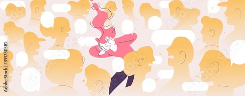 Woman suffers from loudy crowd. Concept character in depreddion because of public condemnation and social media overflow