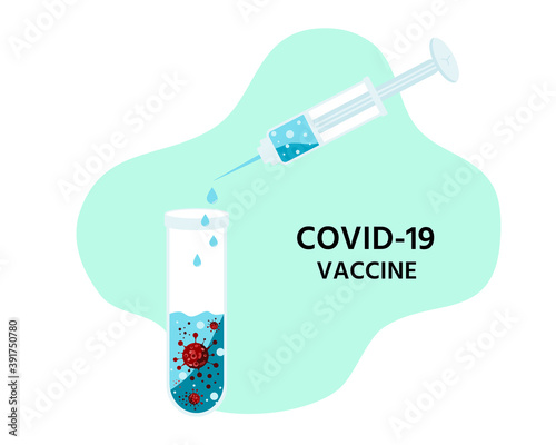 A syringe containing the COVID-19 vaccine is being injected into a test tube containing Covit-19.